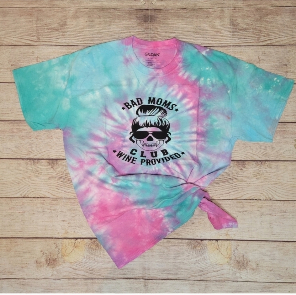 Bad moms club wine provided skull tie dye graphic tee shirt